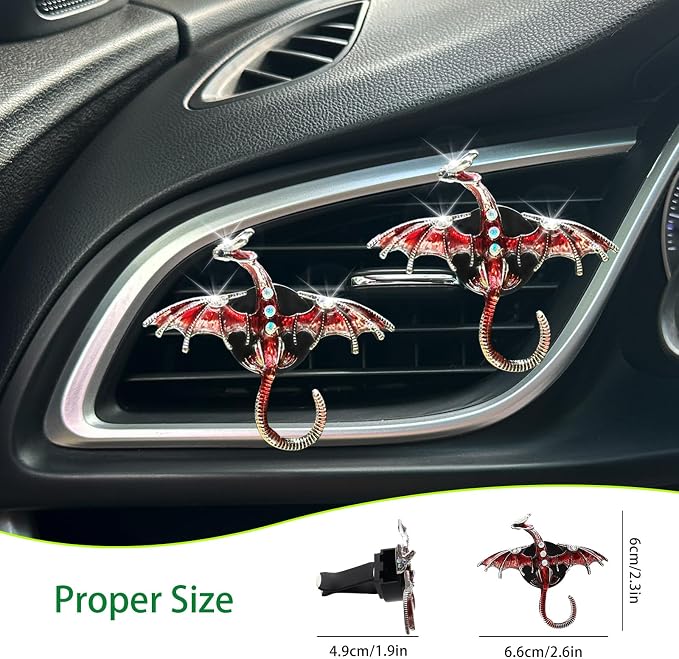 ORIESSE Dargon Air Vent Clips Car Air Freshener 2pcs Bling Red Dragon Car Accessories Enamel Fire Dragon Wyvern Vent Clips Refillable Essential Oil Outlet Diffuser Gothic Decor