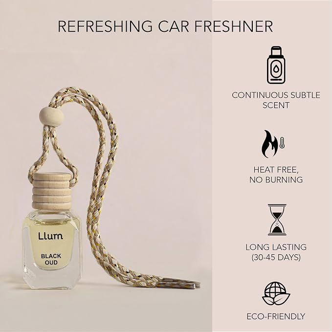 Llum Black Oud Hanging Car Air Freshener – Luxury Automotive Perfume Diffuser 10ml (0.34 fl oz), Long-Lasting Fragrance, Alcohol-Free Non-Toxic Car Scent, Glass Bottle With Wood Cap