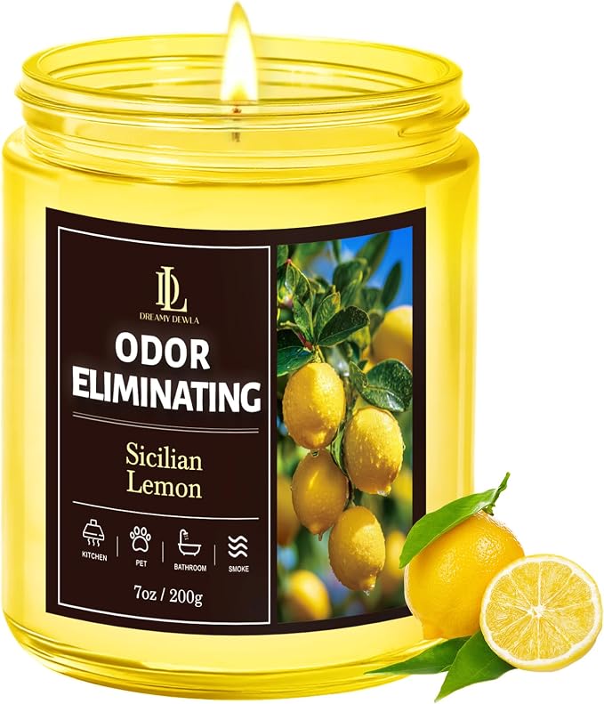 Sicilian Lemon Odor Eliminating Highly Fragranced Candle, Eliminates 95% of Kitchen Grease & Pet Odors Quickly, Air Freshing Scented Candles, Soy Candle Gifts for Women Men, 7oz