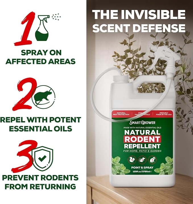 Peppermint Oil Spray for Rodents 128oz with Trigger Sprayer, Maximum Strength Ready to Use Peppermint Spray for Rodent, Mice, Squirrels – Indoor, Outdoor & Car Engine Protection – 128 oz Smart Grower
