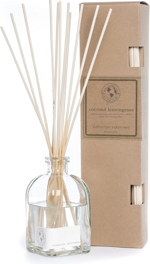 ECO CANDLE CO. Reed Diffuser Set, Coconut Lemongrass, 4 oz. - Scents of Coconut, Lemongrass, Vanilla, & Orange - Premium Phthalate Free Fragrance and Essential Oil Blends, Clear Glass, 12 Reed Sticks