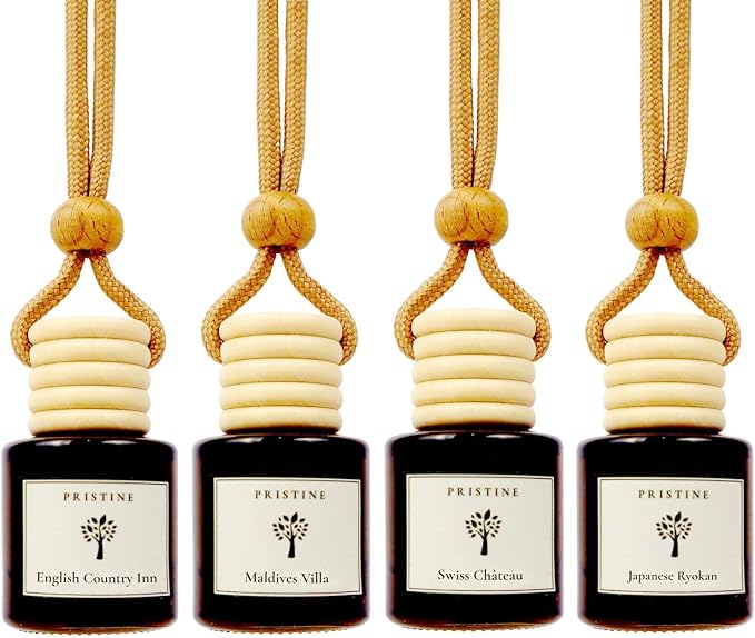 PRISTINE Car Air Freshener/Top 4 Hotel Blend Essential Oils 4 Pcs Set Mini Hanging Teakwood Cap Diffuser for Car Aroma Scenting/Cute Long-Lasting Fragrance for 30 Days of Aroma in Car