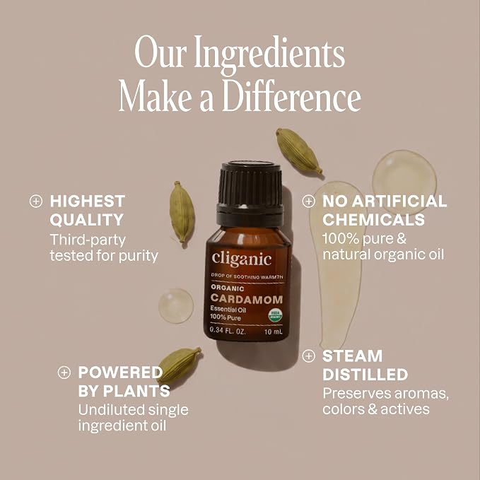 Cliganic Organic Cardamom Essential Oil - 100% Pure Natural for Aromatherapy Diffuser | Non-GMO Verified