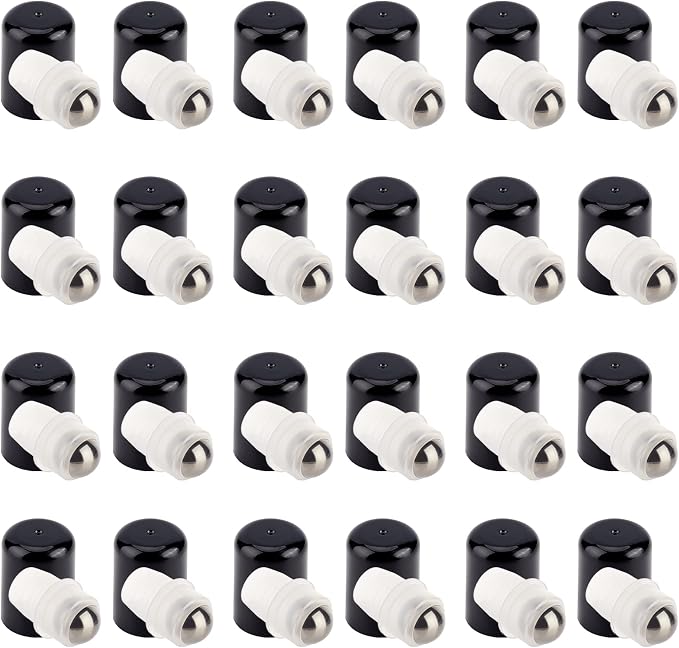 BENECREAT 24Sets Essential Oil Roller Inserts Kit, Stainless Steel Roller Balls and Black Bottle Cap for 5~15ml Essential Oils, Cosmetics Bottle, 9mm inner diameter