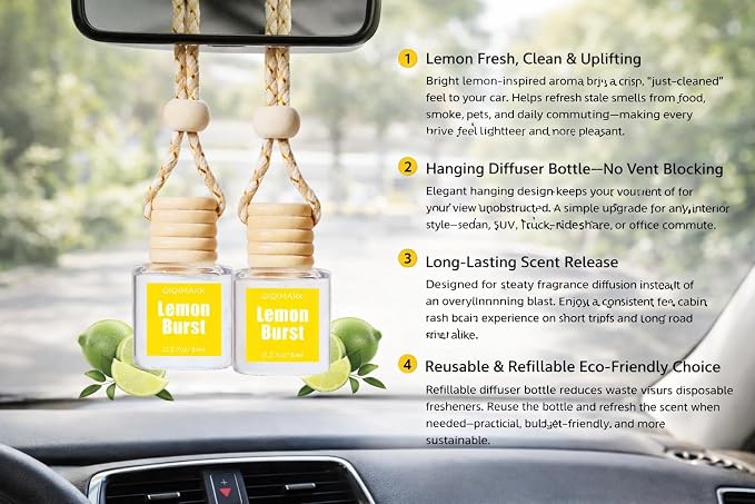 Hanging Car Air Freshener 2 Pack, Lemon Scent Essential Oil Car Diffuser Bottle, Refillable Hanging Auto Aromatherapy Freshener, Long Lasting Odor Eliminator for Car, Truck, SUV