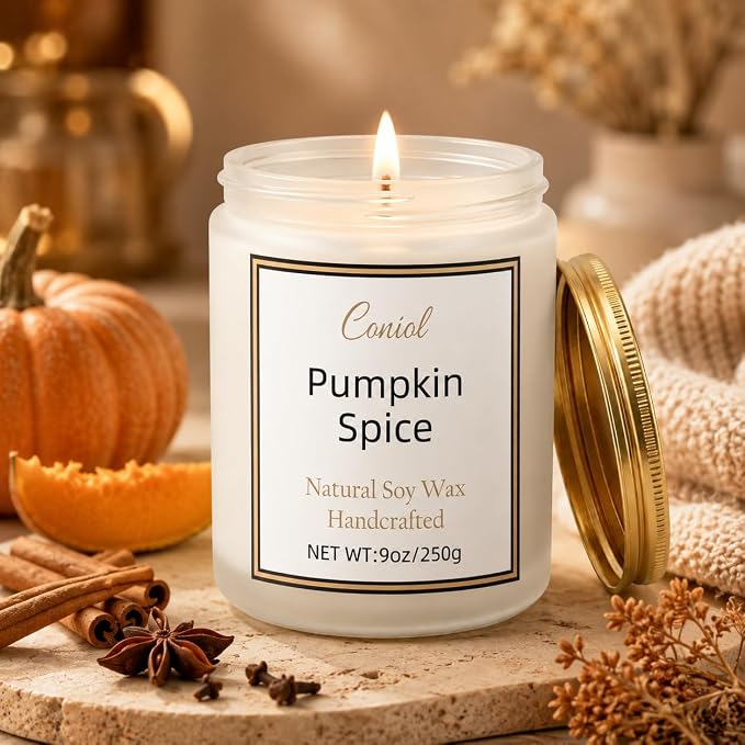 Pumpkin Spice Scented Candles for Home, Natural Soy Wax Candle with Essential Oils, 9oz Amber Jar Aromatherapy Candel, 50H Long & Non-Toxic Burning, Hand Poured, Giftable, Relaxation, Birthday