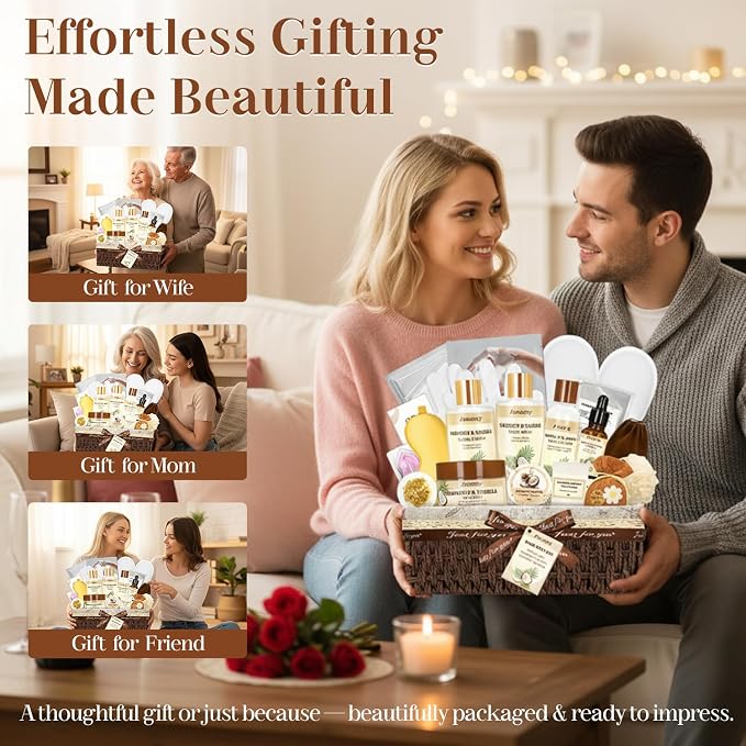 22PCS Spa Gift Baskets for Women, Luxury Bath and Body Gift Basket Set for Women Coconut Vanilla Spa Kit Relaxing Spa Self Care Gift for Her Wife Lover Mom Sister