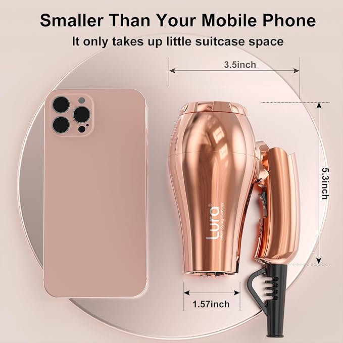 LURA Auto Dual Voltage Travel Hair Dryer with Diffuser,Travel Blow Dryer Mini with EU Plug and UK Plug,Lightweight Portable Hairdryers with Folding Handle,1200W Compact Small Blowdryers for Women