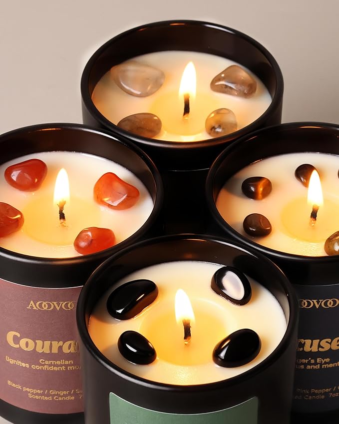 AOOVOO Crystal HEAL Candles Set - 4 Pack Candles for Home Scented, Aromatherapy Candle with Crystals, Resilient Obsidian/Focused Tiger's Eye/Courage Carnelian/Grounded Smoky Quartz