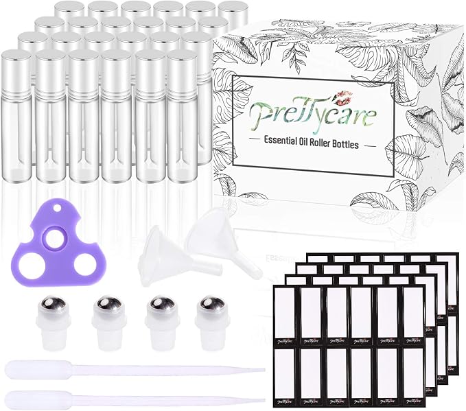 PrettyCare Set of 24, 10 ml Essential Oil Roller Bottles with Stainless Steel Roller Ball - Refillable Leak-proof Empty Thick Clear Glass Roll on Bottles with Silver Metal Caps for Travel, Perfume