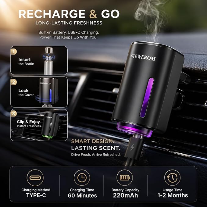 Car Air Freshener - Smart Adjustable 3-Speed Intensity, Rechargeable Humidifier Car Essential Oil Diffuser - Comes with 8 Bottles of 10ml Perfume (Black)