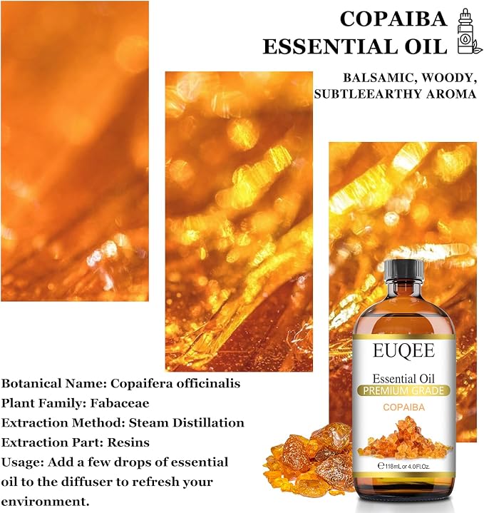 EUQEE Copaiba Essential Oil 118 ml Pure Copaiba Oil Essential Oil with Dropper for Diffusers, DIY Soap, Candle Making, Aromatherapy (4fl oz)