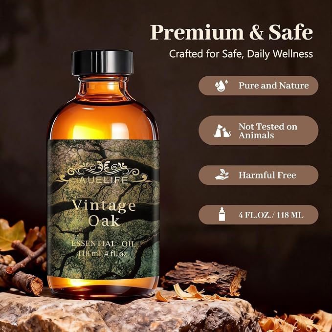 Auelife 4oz Vintage Oak Men Essential Oils for Diffusers for Home - Warm Woody Fragrance Oil for Candle Making, Soap Making, Father's Day & Birthday Gifts for Him- Masculine Scent for Men Gift, 118ml