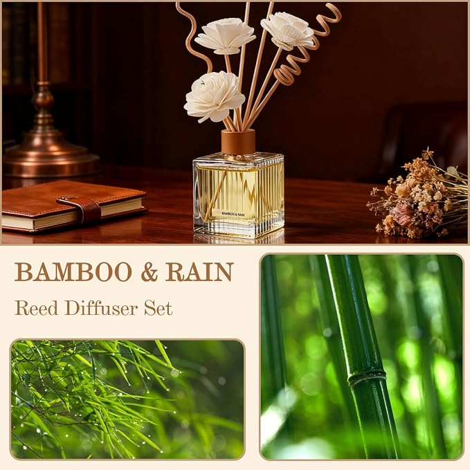 Bamboo Rain Reed Diffuser - 6.7 oz Glass Bottle with 4 Rattan Sticks, 3 Dried Flowers | Adjustable, Long-Lasting Scent for Home, Bedroom, Living Room, Office, Bathroom | Aromatherapy Gift