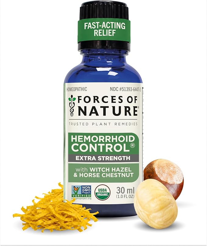 Forces of Nature Hemorrhoid Control Extra Strength, Organic Homeopathic Medicine with Witch Hazel, Horse Chestnut, and Soothing Essential Oils for Itching, Swelling & Discomfort, 1.0 FL OZ