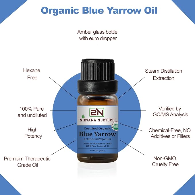 Blue Yarrow Essential Oil, USDA Certified Organic, 100% Pure Undiluted, Aromatherapy Oil for Diffuser, Hair & Skin Care