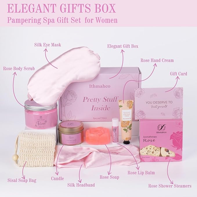 Mothers Day Spa Gifts for Women, Bath Gift Baskets, Birthday Relaxing Spa Self Care Gifts for Women, Home Rose Bath Shower Care Package for Wife, Mothers Day Gift Basket for Mom Her Friends