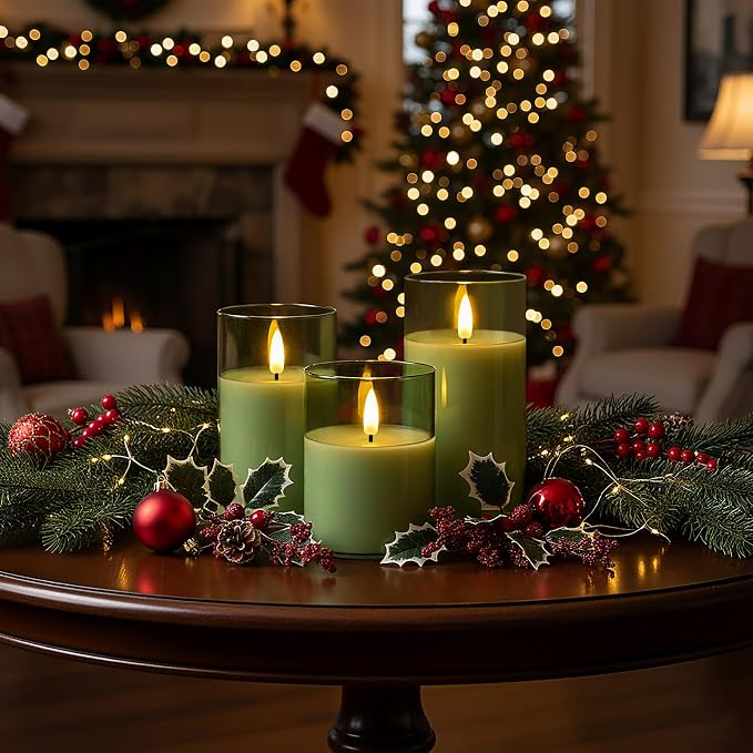 Homemory Green Glass Flameless Candles, Battery Operated LED Pillar Candles with Remote Control and Timer, Radiance Candles, Real Wax, Set of 3,D3 xH4 5" 6"