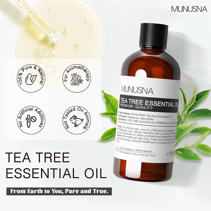 Tea Tree Essential Oil 100ML, 100% Pure Natural Tea Tree Oil for Skin, Hair Care, Diffuser, Aromatherapy, Scalp and Body Massage