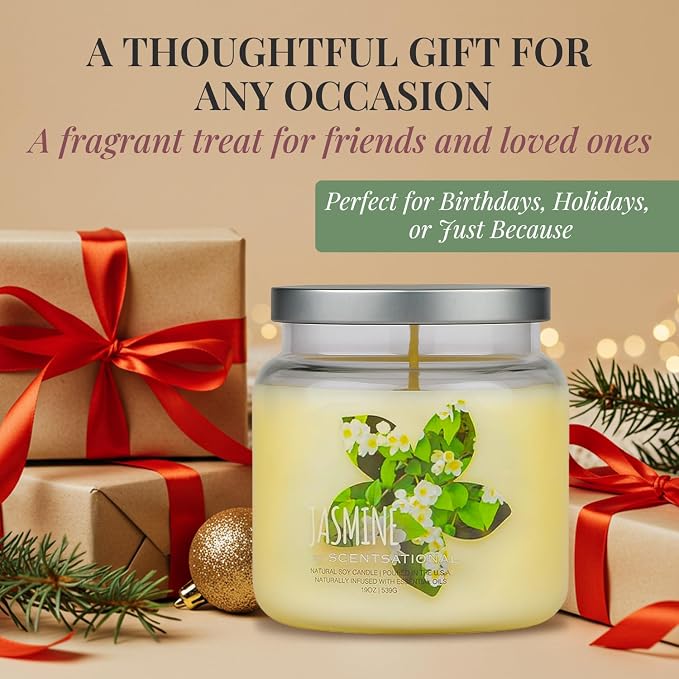 Scentsational Jasmine Candle – Large 19 Oz Hand-Poured Soy Candle in Elegant Glass Jar – Non-Toxic Decorative Candles with Clean Burn – Jasmine Scented Candles for Relaxation, Gifting & Home Décor