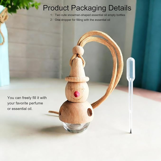 2 Pack Snowman Hanging Glass Car Diffuser Empty Oil Bottles | Wood lids & matching droppers, refillable bottles for car closet bathroom indoor aroma decor gifts