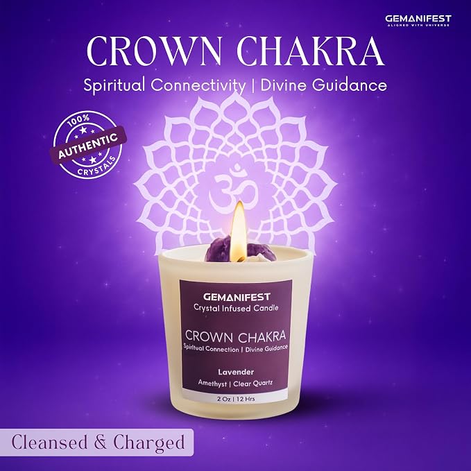 Crown Chakra Meditation Candle with Healing Crystals and Amethyst Bracelet Lavender Candles for Home Relaxing Candles for Women Stress Relief Spiritual Meditation Gifts for Women Men
