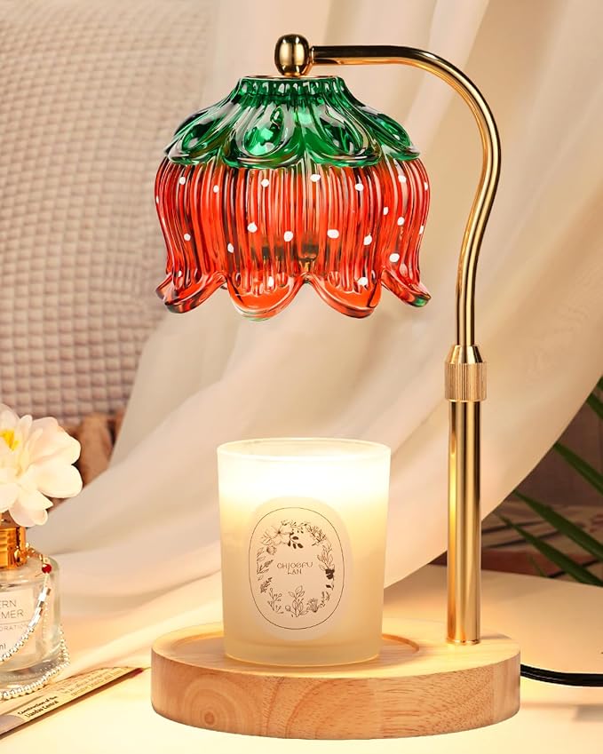 Funistree Flower Candle Warmer Lamp with Timer, Dimmable Candle Lamp Warmer, Christmas Birthday Gifts for Women Mom Her, Housewarming Home Decor, Lotus Wax Warmer for Yankee - Strawb Flower 10 Inch
