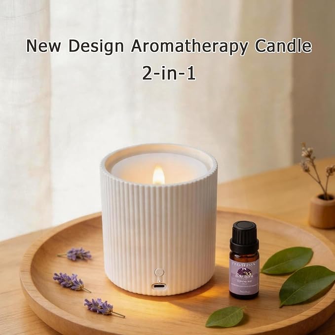 Non-Rechargeable 2 in 1 LED Candle Waterless Diffuser and 3D Wick and Realistic Flame Candle,Flameless Candle Diffuser,Waterless Essential Oil Diffuser with 12PCS Cotton Pads(Connect USB Line Use)
