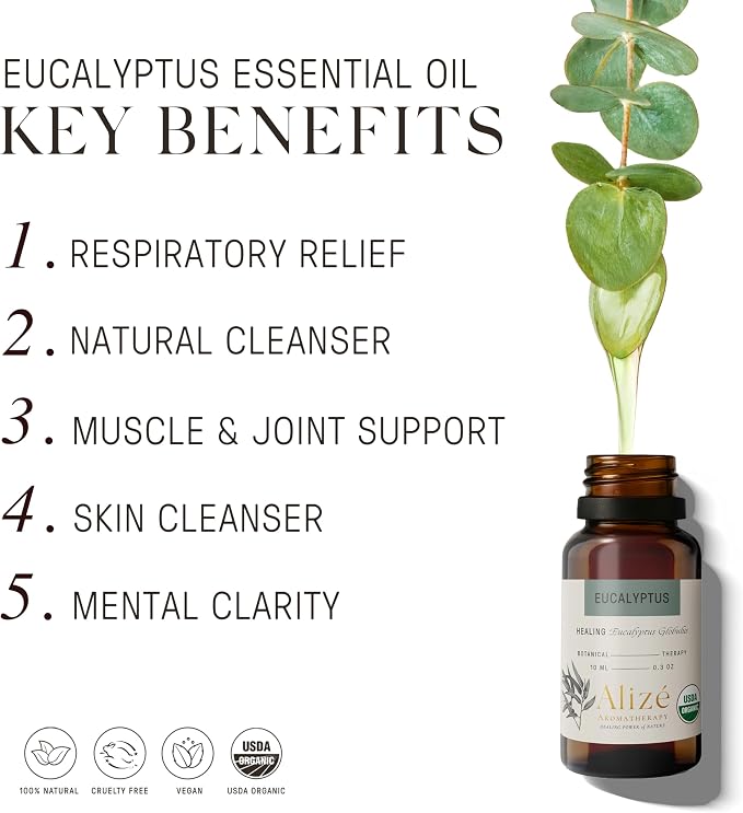 Eucalyptus Essential Oil, USDA Organic 100% Natural & Pure Essential Oils for Diffusers for Home, Aromatherapy Oils, Diffuser Oils Scents for Wellness, 10ml-0.33 fl oz