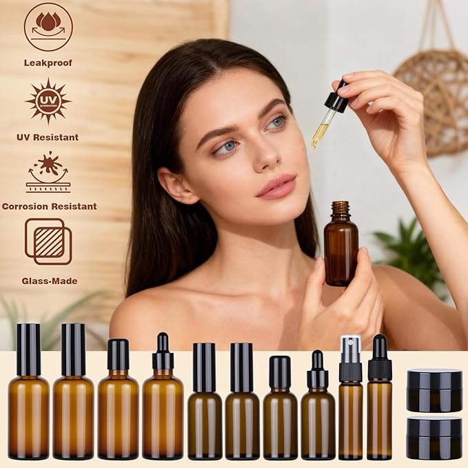 29 Pack TSA Approved Glass Travel Skincare Containers,Toiletry Bag，1.7/1/0.7/0.5/0.3oz Refillable Traveling Size Containers with Pump, Jars & Essential Oil Bottle , Leak-Proof for Creams & Liquids