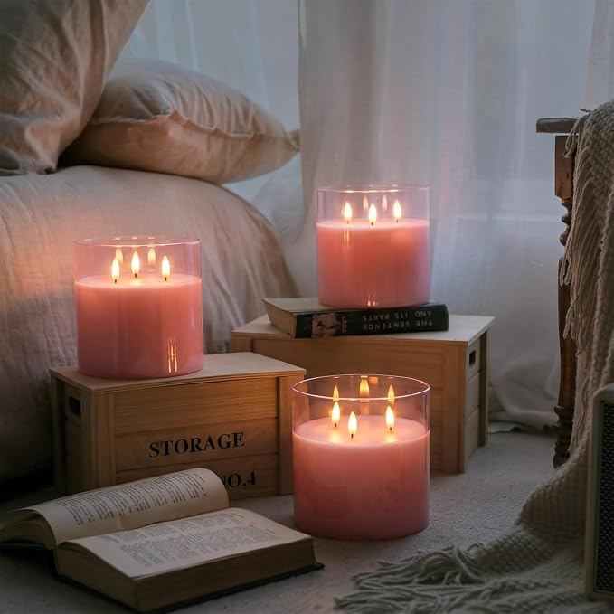 Homemory 6x6 Extra Large Flameless Candle with 3 Wicks, Pink Glass LED Pillar Candle, Real Wax Battery Operated Candle with Remote and Timer, Flickering Flameless Candle Home Wedding Valentine Decor