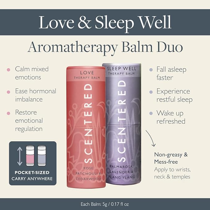 Scentered Aromatherapy Balm Sticks for Sleep & Emotional Balance - Roll On Essential Oil Blends of Rose, Lavender, Ylang Ylang - Gifts for Valentines Day for Her - Sleep Well & Love