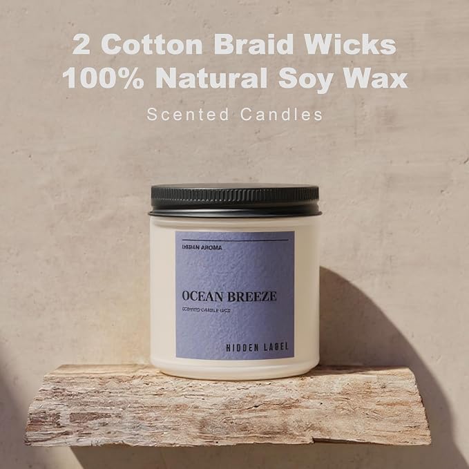 Hidden Label Ocean Breeze Soy Candle, 12oz 2-Wick, Coastal Fresh | Non-Toxic Natural Wax, Paraben & Phthalate-Free, Clean Burn | Elegant Decor & Gift-Ready | Stress Relief & Mental Clarity