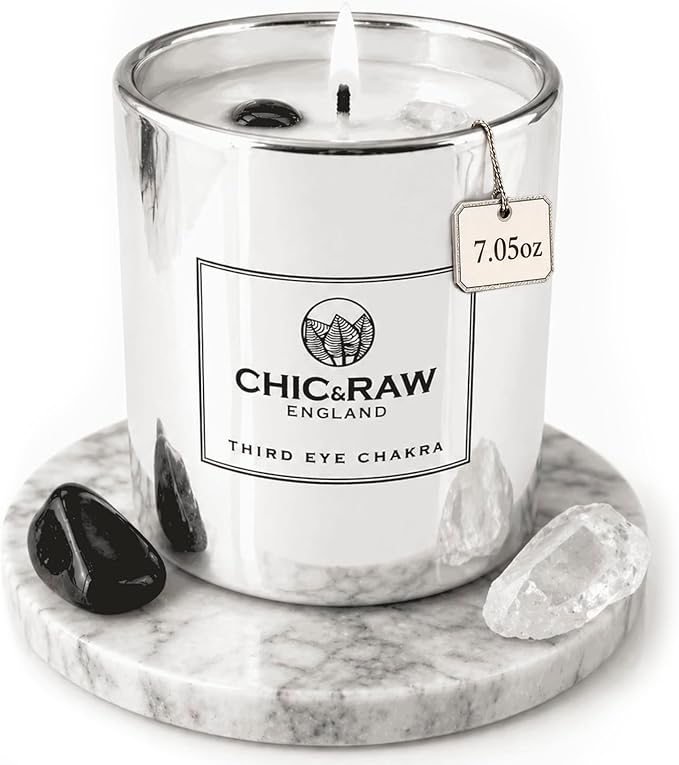 Aromatherapy Candle Third Eye Chakra Crystal Candle with Clear Quartz and Black Obsidian - Luxury Long-Lasting Burn Soy Wax, Infused Elderflower & Grapefruit, Clarity & Protector, 7.05oz
