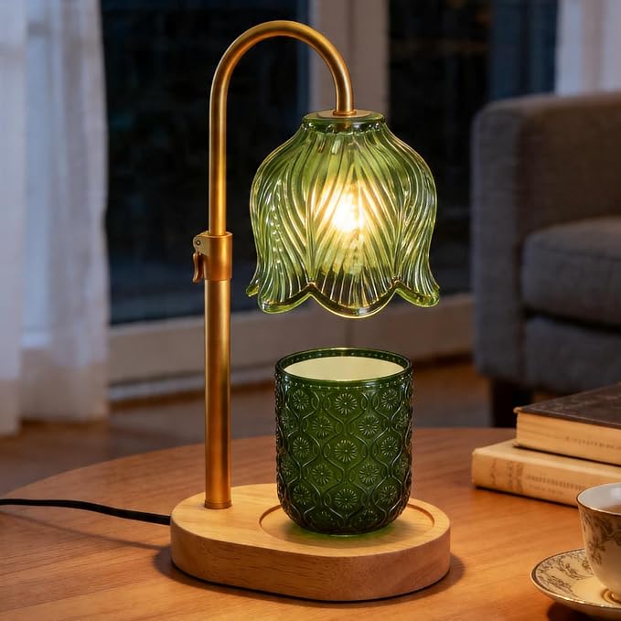 Candle Warmer Lamp with Adjustable Height - Flameless 4-Level Dimmable Wax Warmer, Timer Function & Stylish Design in Multiple Colors (Green Wood Base)