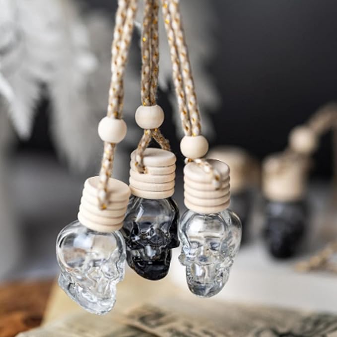 7 Pcs 8ml Hanging Car Air Freshener Diffuser,Empty Black Gradient Glass Essential Diffuser Oil Aromatherapy Fragrance Perfume Pendant Glass Vials with Wooden Caps (Skull, 8ml)