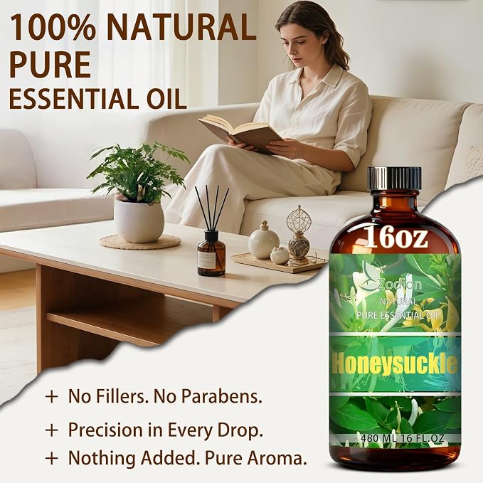 Honeysuckle Essential Oil - Honeysuckle Fragrance Oil for Diffuser, Massage, Humidifier, DIY Candle, Soap Making, Home, Bath, Yoga - 16 fl oz (480ml) - ZODION Essential Oils