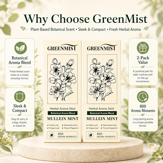 GreenMist Mullein Mint Herbal Aroma Stick 2 Pack, Plant-Based Botanical Scent, Portable Silicone Stick, Fresh Mint Thyme Oregano Notes, Yellow