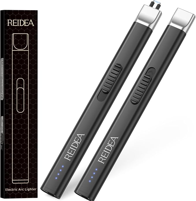 REIDEA 2 Pack Electric Lighter R1 Pro Windproof Flameless USB Rechargeable Arc Lighter with Safe Button and Power Indicator for Candle, BBQ and Fireworks, Obsidian Black