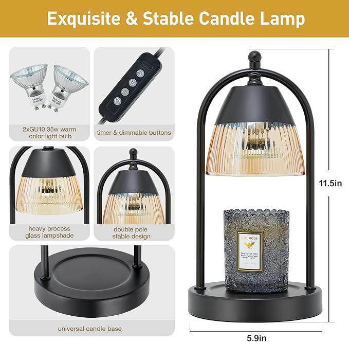 GyroVu Candle Warmer Lamp with Timer, 3-Level Dimmable Candle Lamps with Glass Shade, Electric Candle Light Wax Melt Warmer for Scented Wax, Black Warmer Lamp for Women Home Decor (2 Bulbs Included)