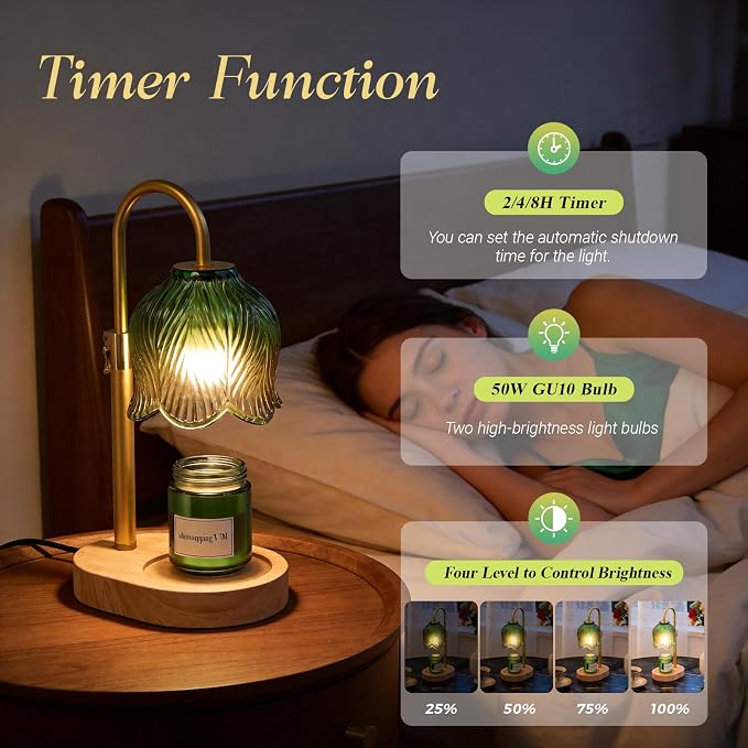 Candle Warmer Lamp with Adjustable Height - Flameless 4-Level Dimmable Wax Warmer, Timer Function & Stylish Design in Multiple Colors (Green Wood Base)