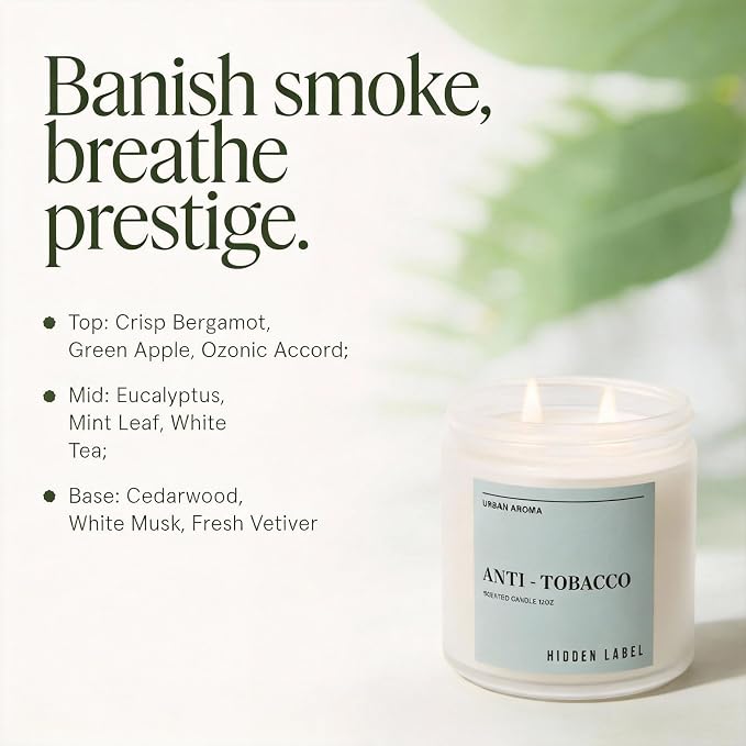 Hidden Label Anti Tobacco Soy Candle, 12oz 2-Wick, 70H Smoke Eliminator | Non-Toxic Natural Wax, Paraben & Phthalate-Free, Clean Burn | Powerful Odor Neutralizer | Masculine Decor & Gift-Ready