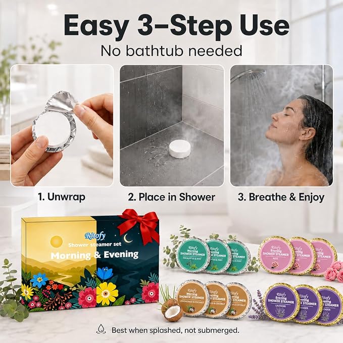 12 Tablets Shower Steamers Aromatherapy, Morning Evening Shower Tablets Set, Gift for Women and Men, Self Care Lavender Rose Lemongrass Coconut Eucalyptus Mint
