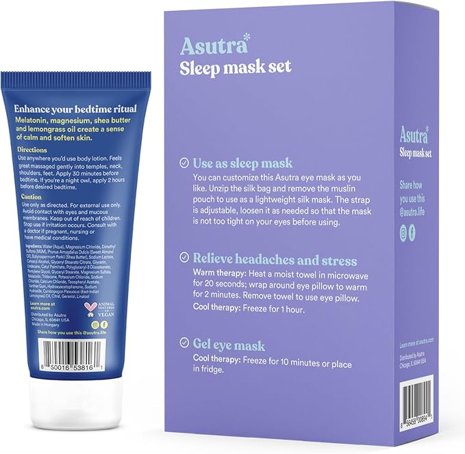 ASUTRA Dream Sleep Bundle - Purple Silk Eye Pillow Box Set and Dream The Night Away Lotion with Magnesium and Melatonin