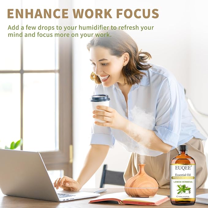 EUQEE Lemon Verbena Essential Oil 118ml - Natural Citrus Scent Oil for Diffuser, Skincare, Morning Rituals & Aromatherapy, Large Bottle with Dropper