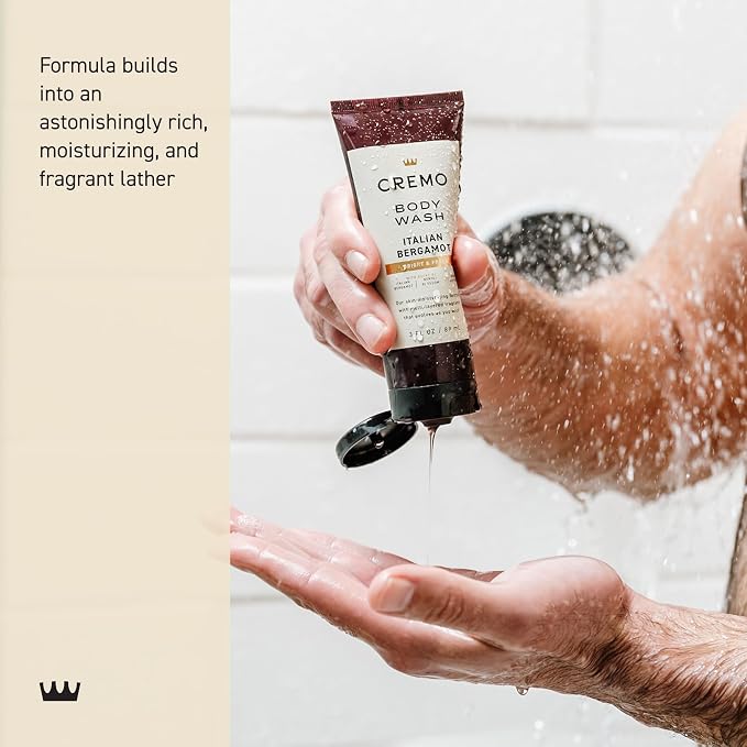 Cremo Rich-Lathering Italian Bergamot Travel Size Body Wash Men, Notes of Italian Bergamot, Neroli Blossom, and Fresh Vetiver, 3 Fl Oz Travel Essentials
