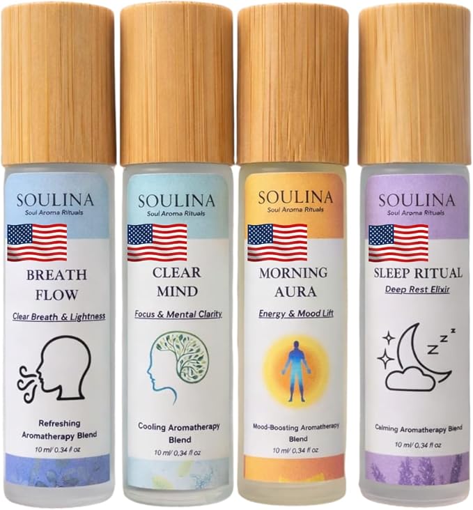 Soulina Set of 4 Essential Oil Roller – Sleep, Energy, Breath & Focus Aromatherapy Roll-On Kit, Natural Blends with MCT Oil, Handmade in USA, 4 x 10 ml