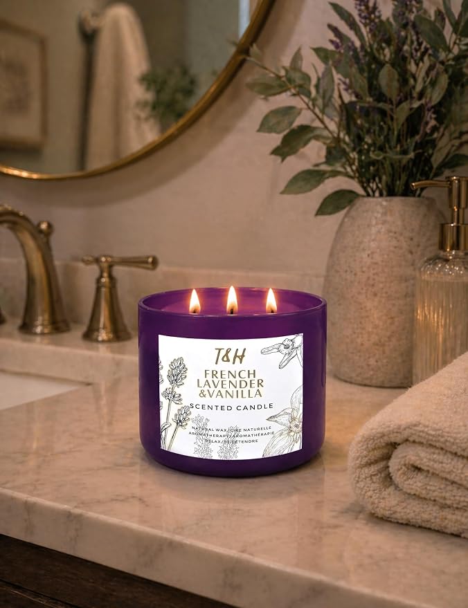 French Lavender Vanilla 3-Wick Scented Candle | 15.8 oz Large Soy Aromatherapy Candle for Home | Clean Burn Long Lasting | Relaxing Floral Vanilla Scent | Cozy Gifts for Women & Men