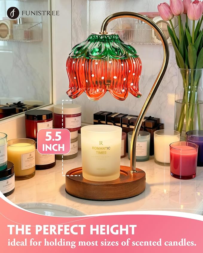 Funistree Flower Candle Warmer Lamp with Timer, Dimmable Candle Lamp Warmer, Christmas Birthday Gifts for Women Mom Her, Housewarming Home Decor, Lotus Wax Warmer for Yankee - Strawberry 10 Inch