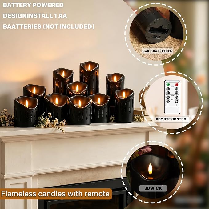 Nimiko Flameless Candles with Remote, Battery Operated Flickering Flameless Candles, LED Candles with Timer 2/4/6/8H, Realistic Drop Wax flameless Candle Set of 9 (D3 x H 3" 4" 5" 6" 7") (Black)